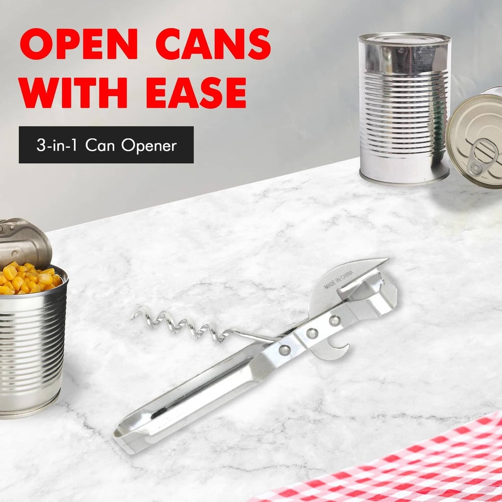 Chef Craft Select 3-in-1 stainless steel can opener on countertop with spiral screw