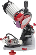 Bench grinder chain sharpener with red/black grinding head and gray base