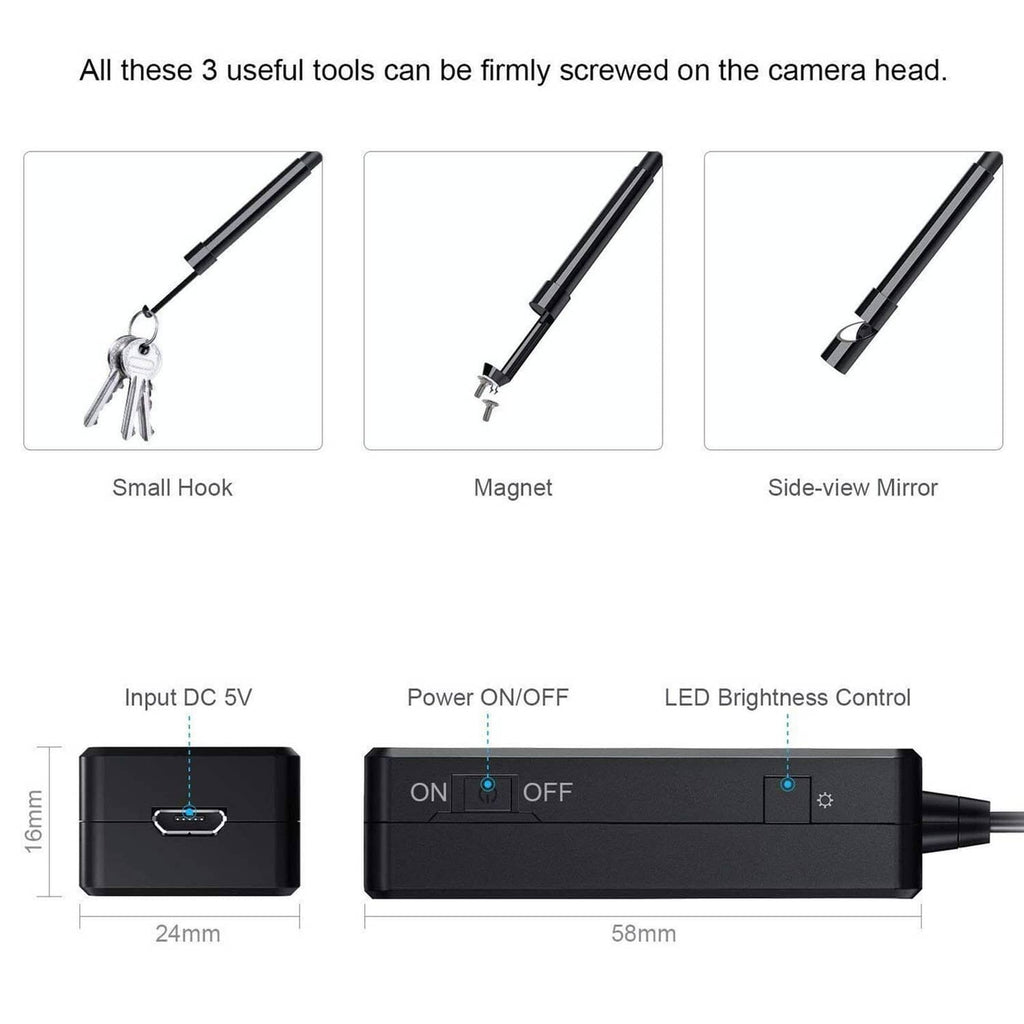 Wireless endoscope accessories set: hook, magnet, and side-view mirror with power control
