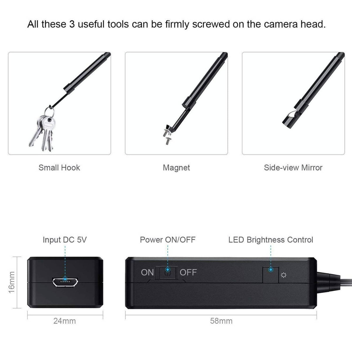 Wireless endoscope accessories set: hook, magnet, and side-view mirror with power control