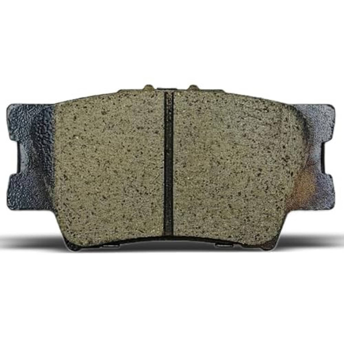 Ceramic brake pad pair close-up, rough textured friction material with seam