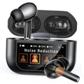 Black wireless earbuds with charging case and touch-control screen, noise reduction icons shown
