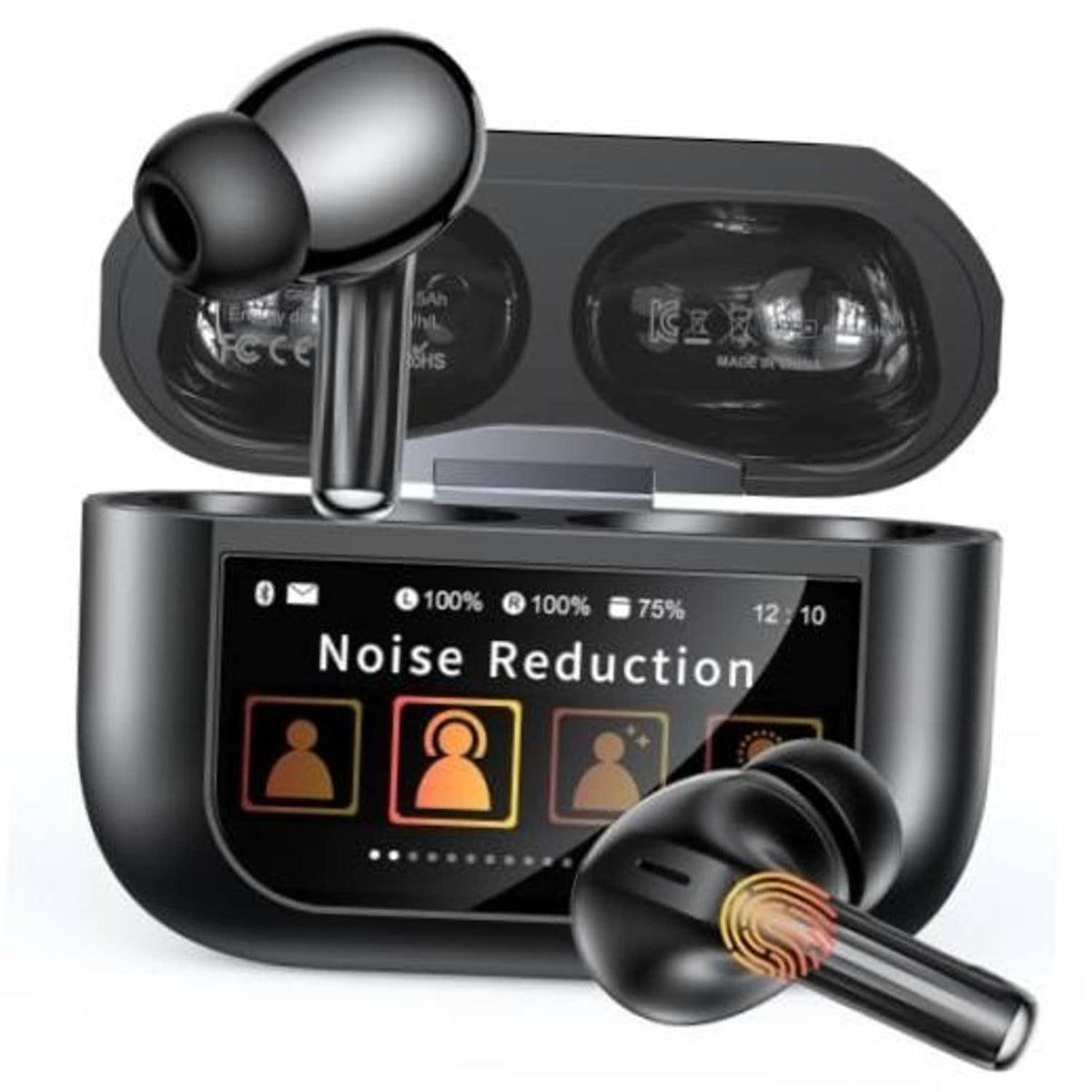 Black wireless earbuds with charging case and touch-control screen, noise reduction icons shown