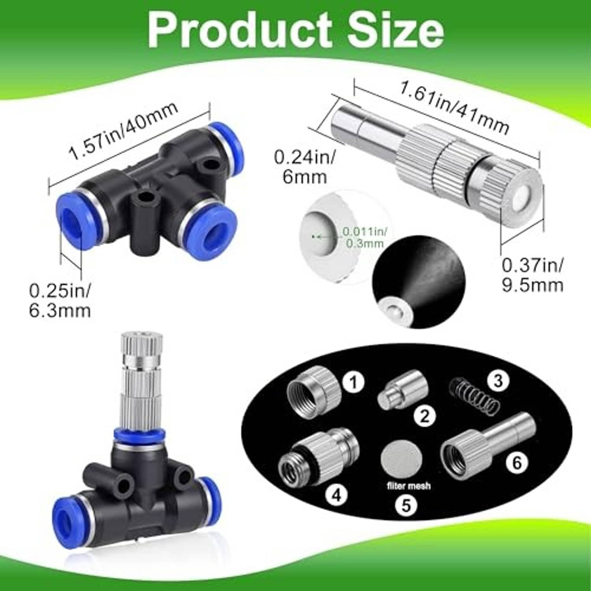 6mm brass misting nozzle diagram with black connector, silver nozzle, and filter mesh parts