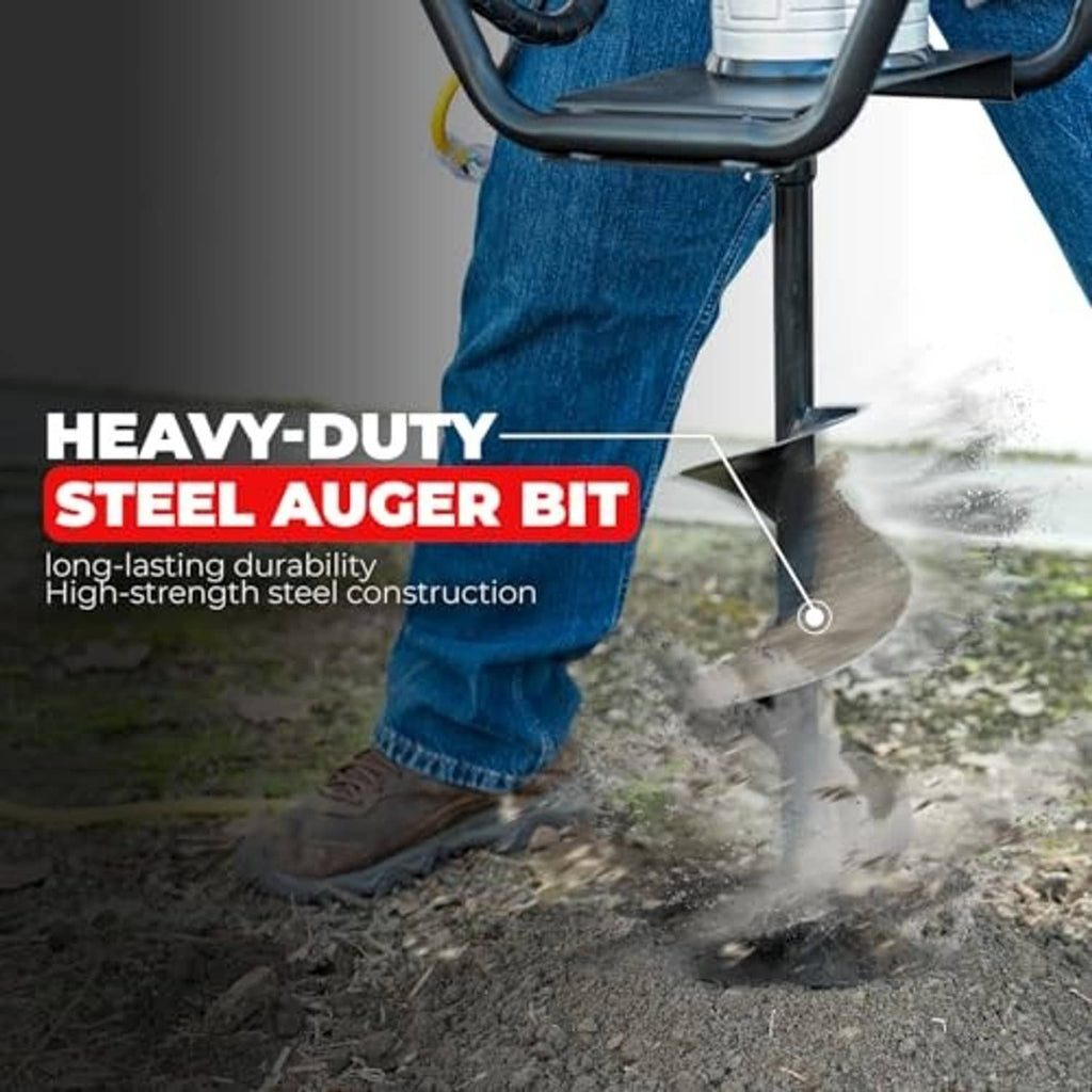Electric post hole digger with heavy-duty steel auger bit and dusting soil
