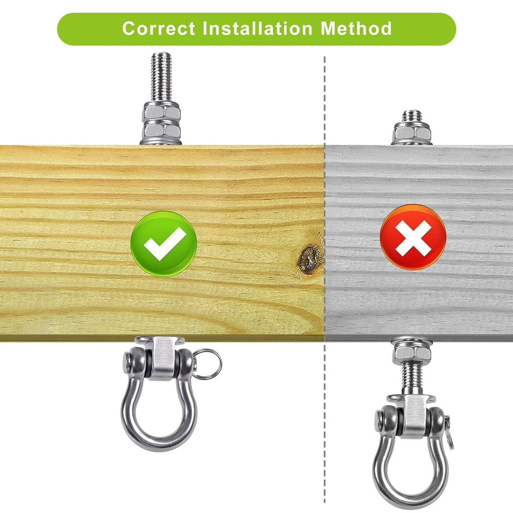 Stainless steel swing hanger on wood with correct installation shown
