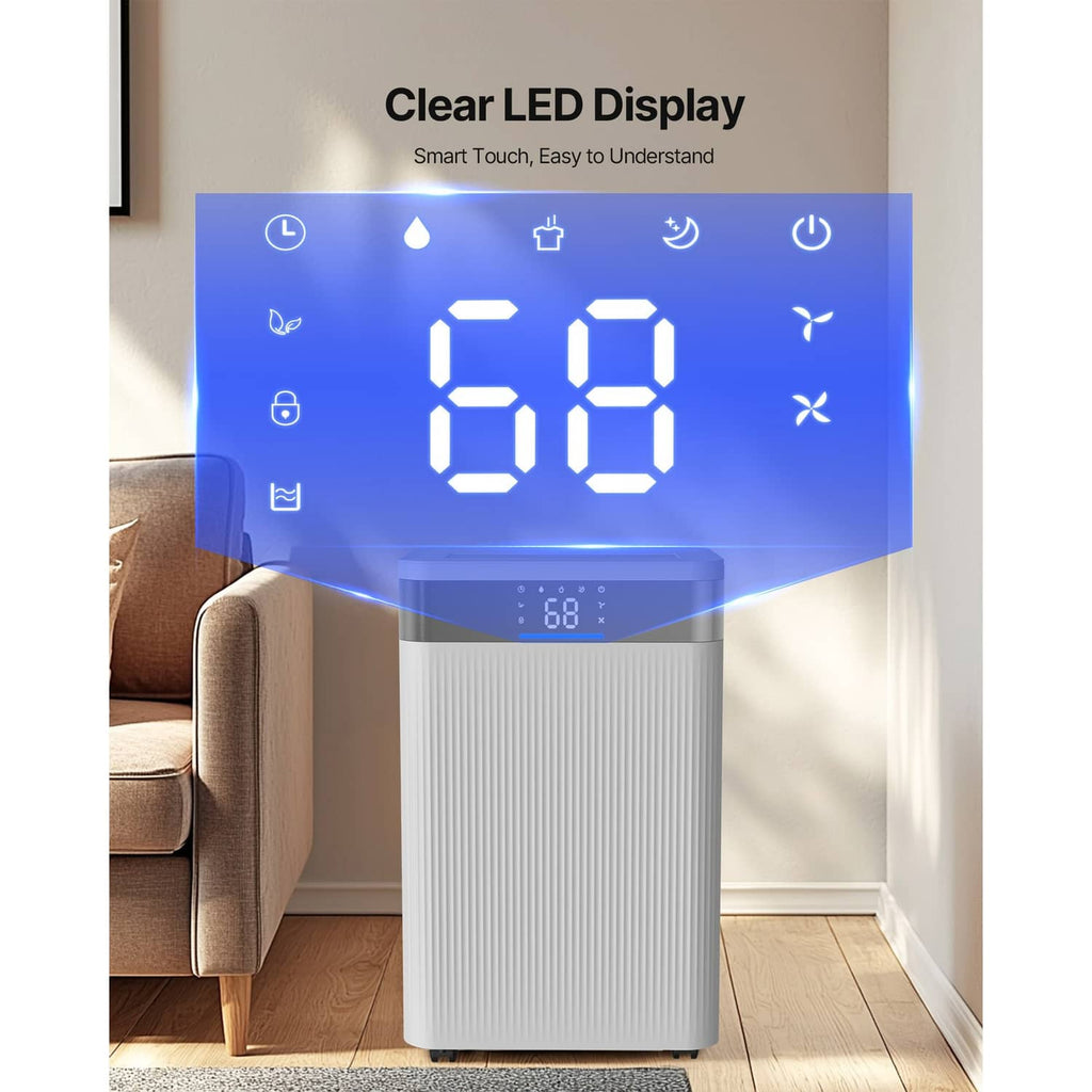 White dehumidifier with clear blue LED display and icon controls on top