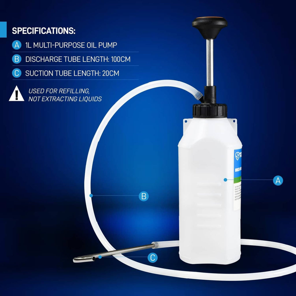Hand oil pump with white container, black top, and curved suction and discharge tubes