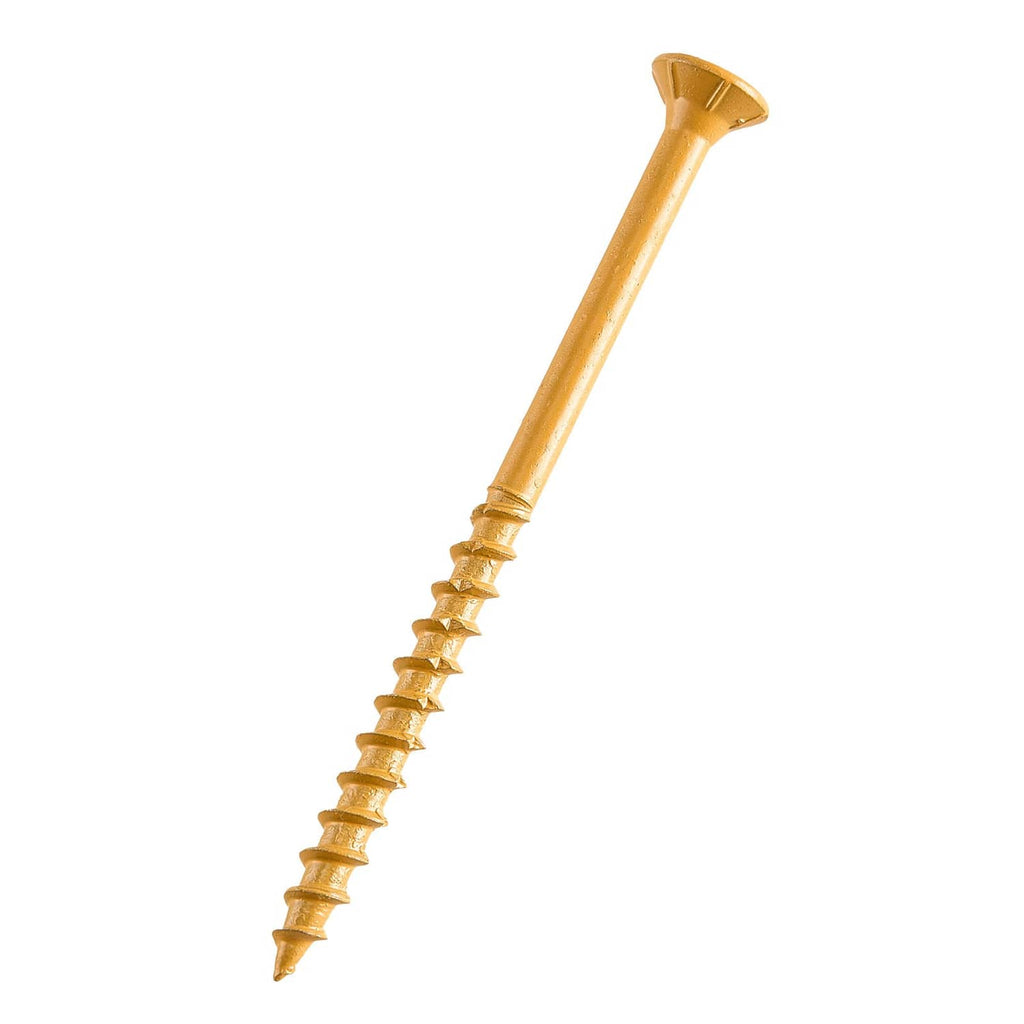 Close-up of #10x3 wood deck screw tip and T25 star drive head, gold finish