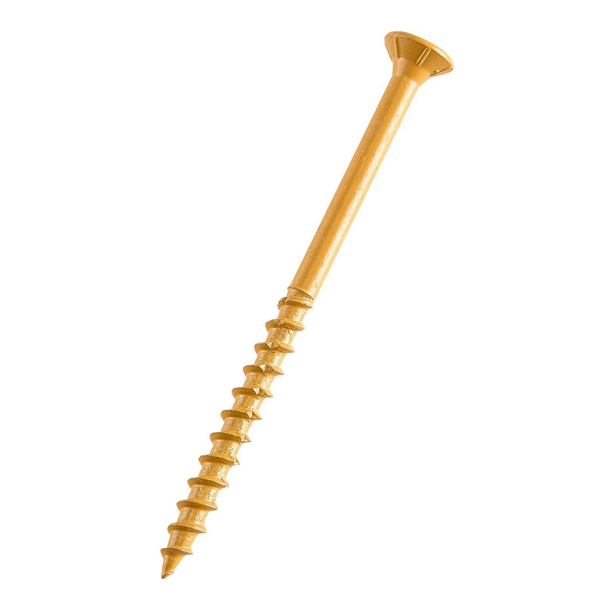 Close-up of #10x3 wood deck screw tip and T25 star drive head, gold finish