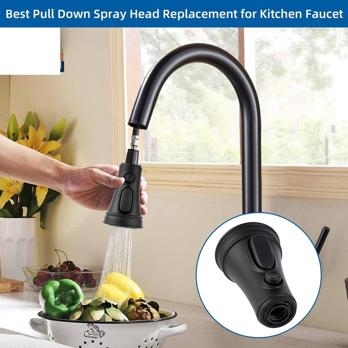 Matte black pull-down faucet sprayer head replacement at kitchen sink with water spray