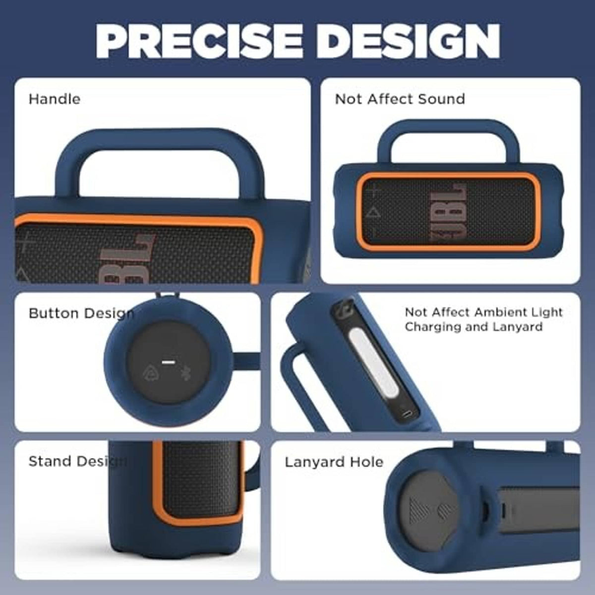 Blue silicone speaker cover with handle, button area, and lanyard hole