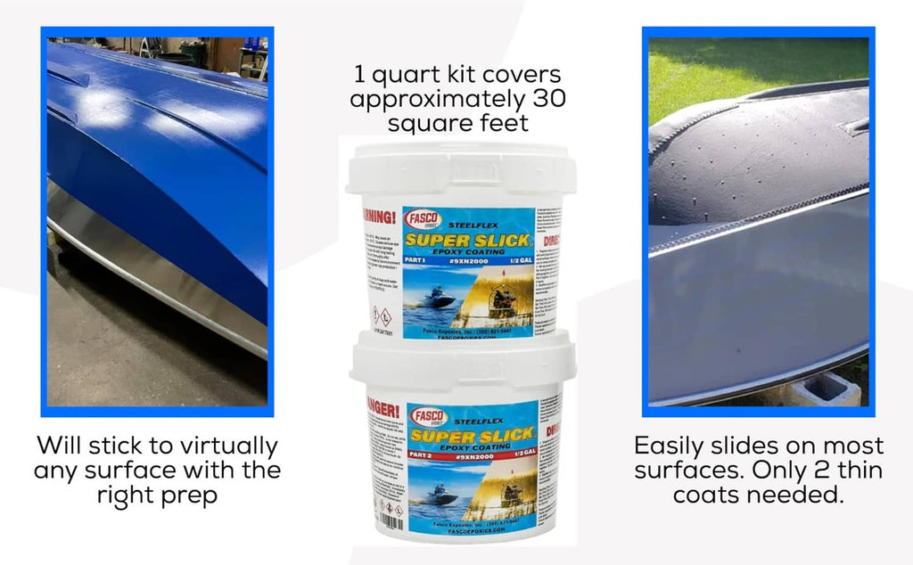Stacked FASCO SteelFlex Super Slick epoxy coating kit containers
