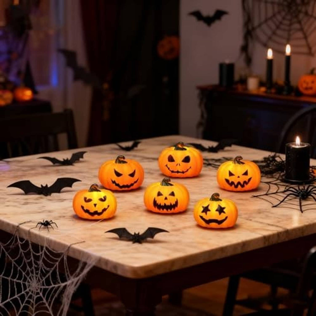 Halloween pumpkin tea lights with glowing jack-o’-lantern faces on a table setting