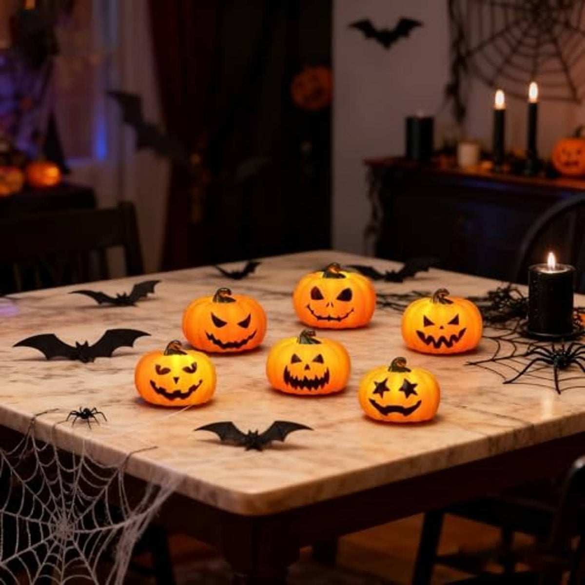 Halloween pumpkin tea lights with glowing jack-o’-lantern faces on a table setting
