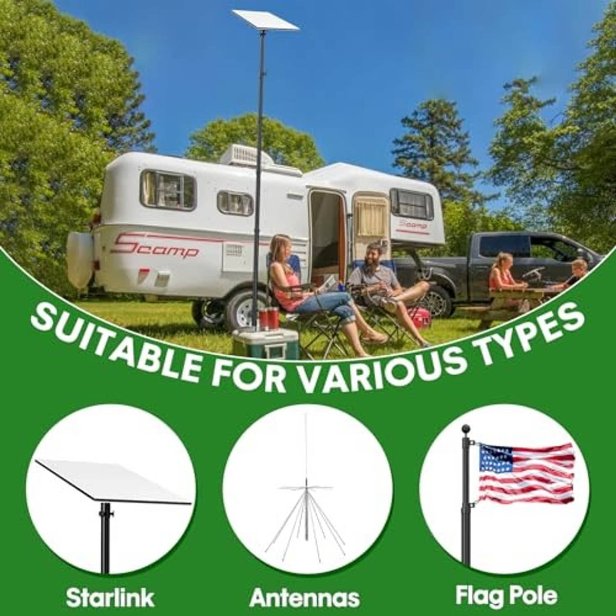 Flagpole tire mount kit with compatibility icons for antennas and flagpole use