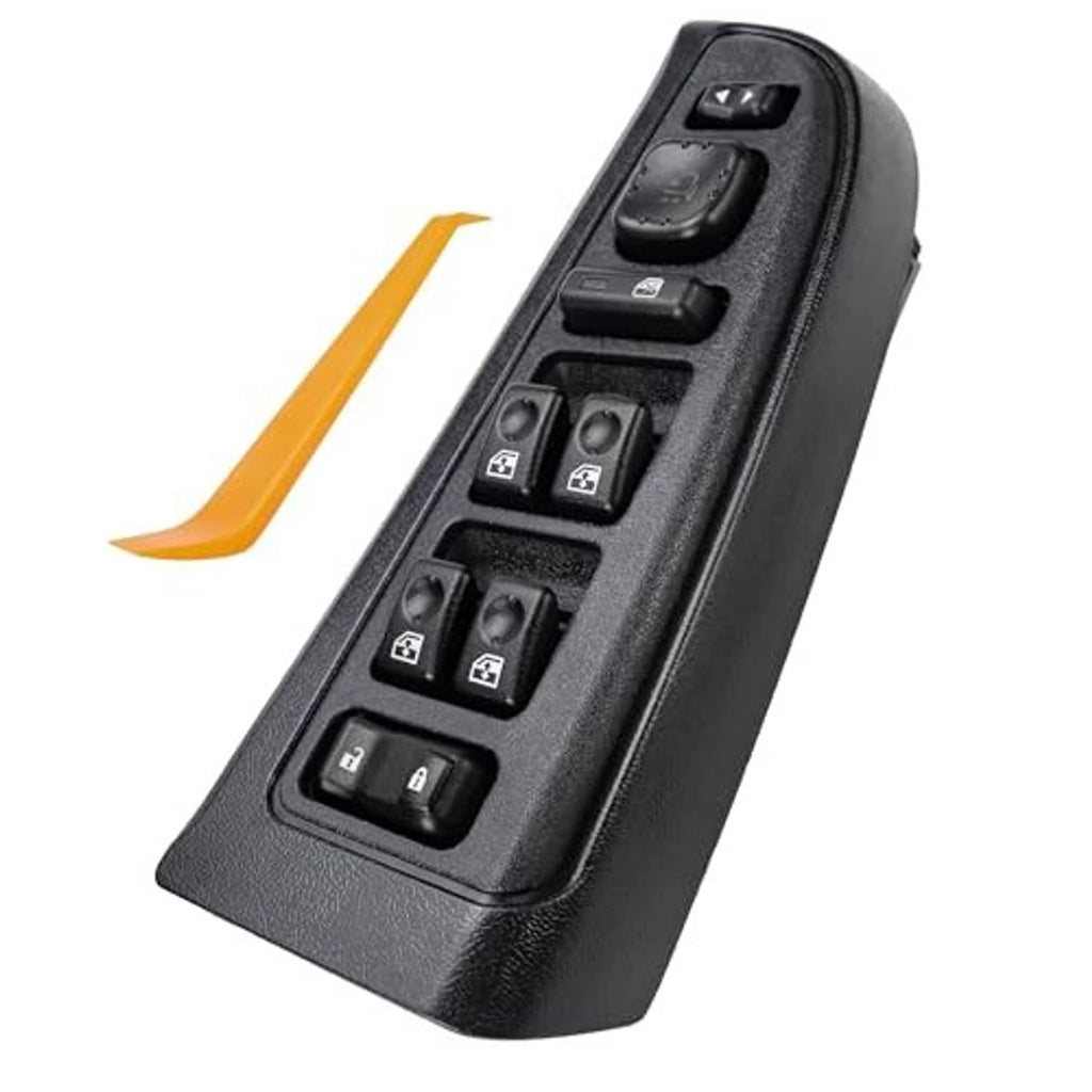 Black driver side power window switch with window controls and lock buttons, angled view