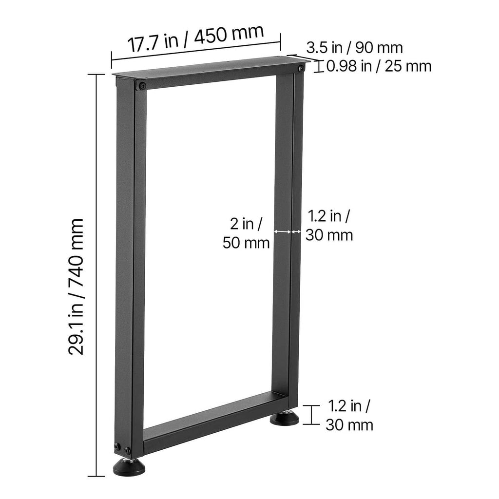Black square steel table leg frame with rubber feet, single leg with labeled measurements