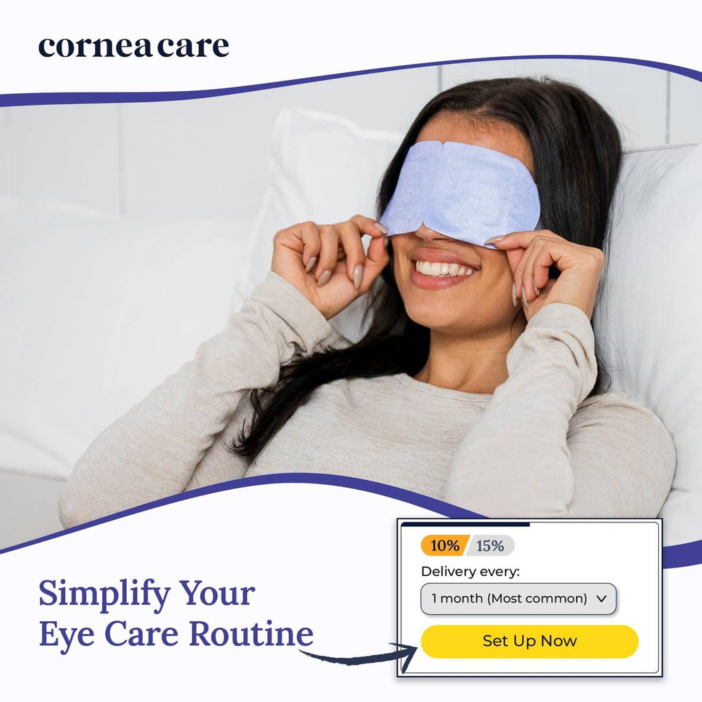 Pair of light blue warm eye masks worn over a woman’s eyes