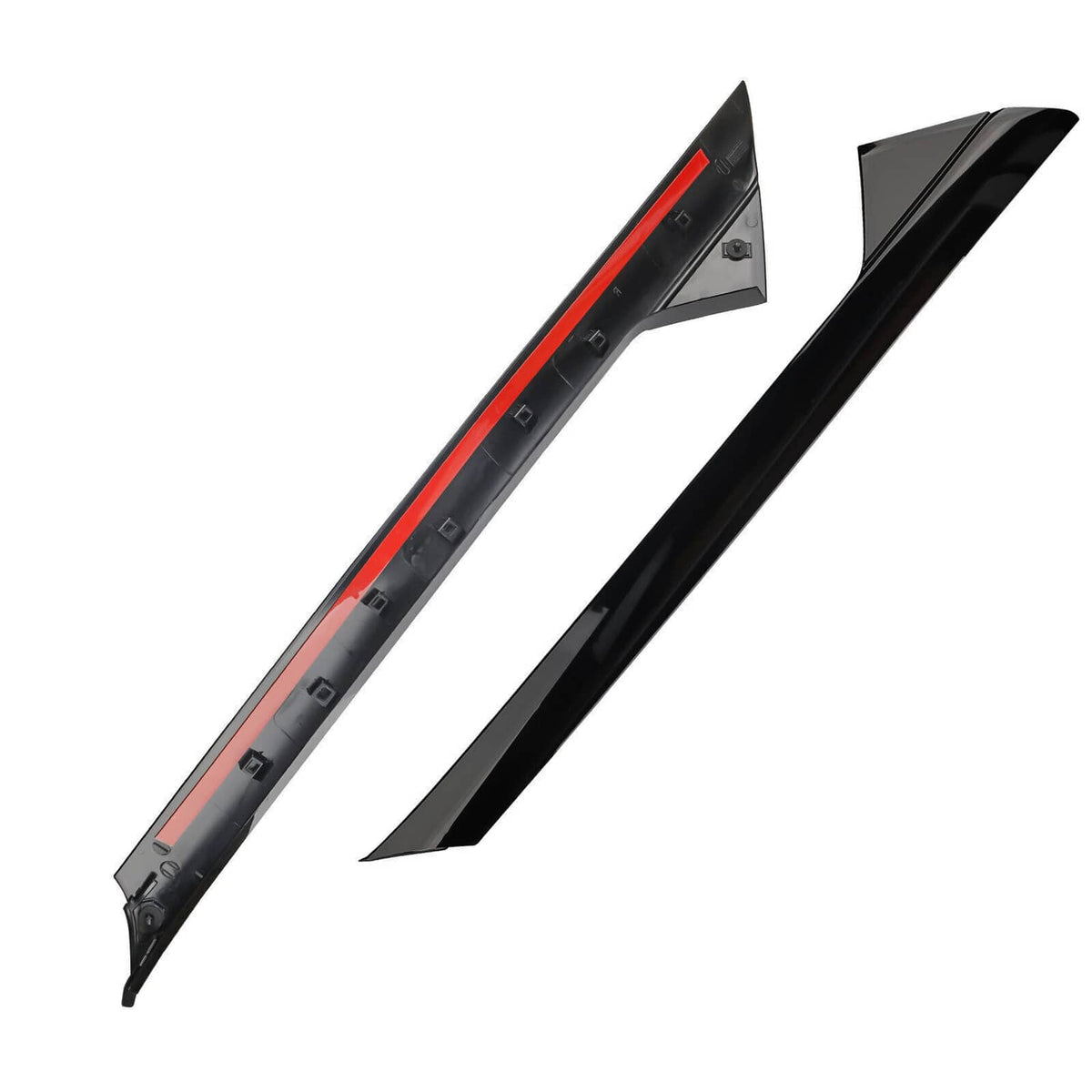 Windshield A-pillar molding trim set, black left and right with red accent line