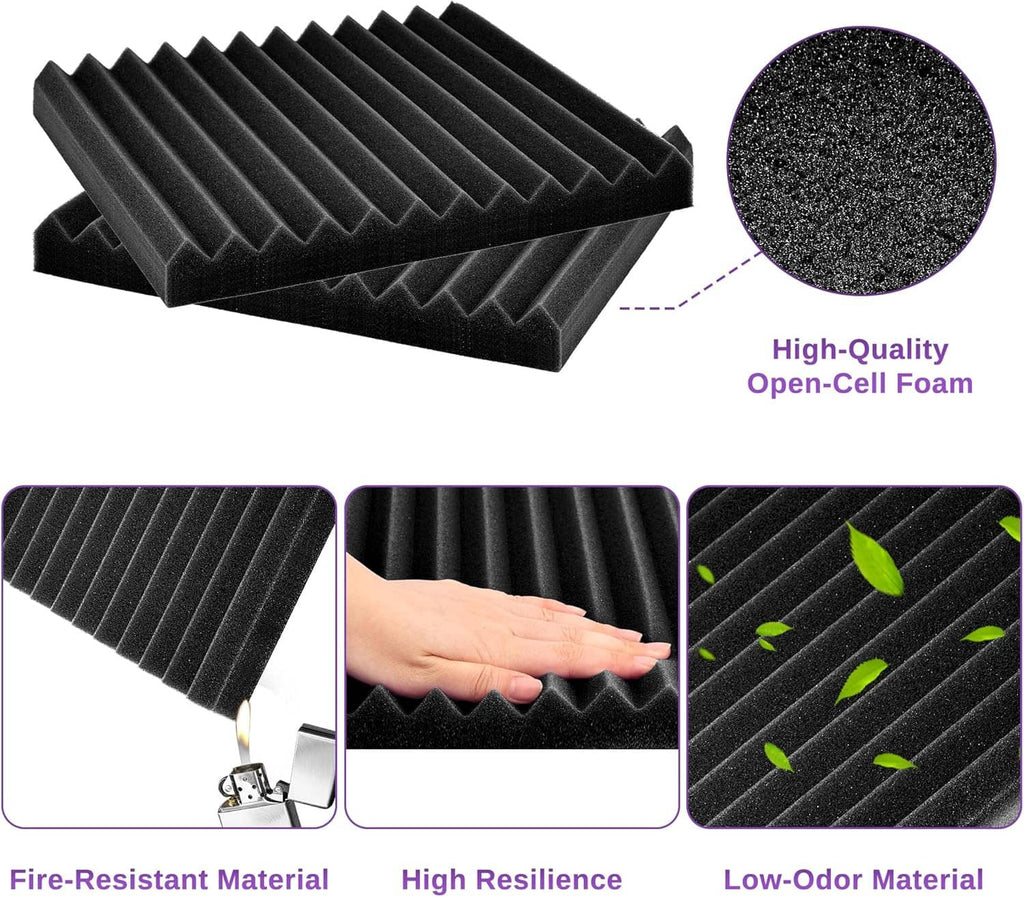 Black open-cell acoustic foam wedge panels with close-up texture