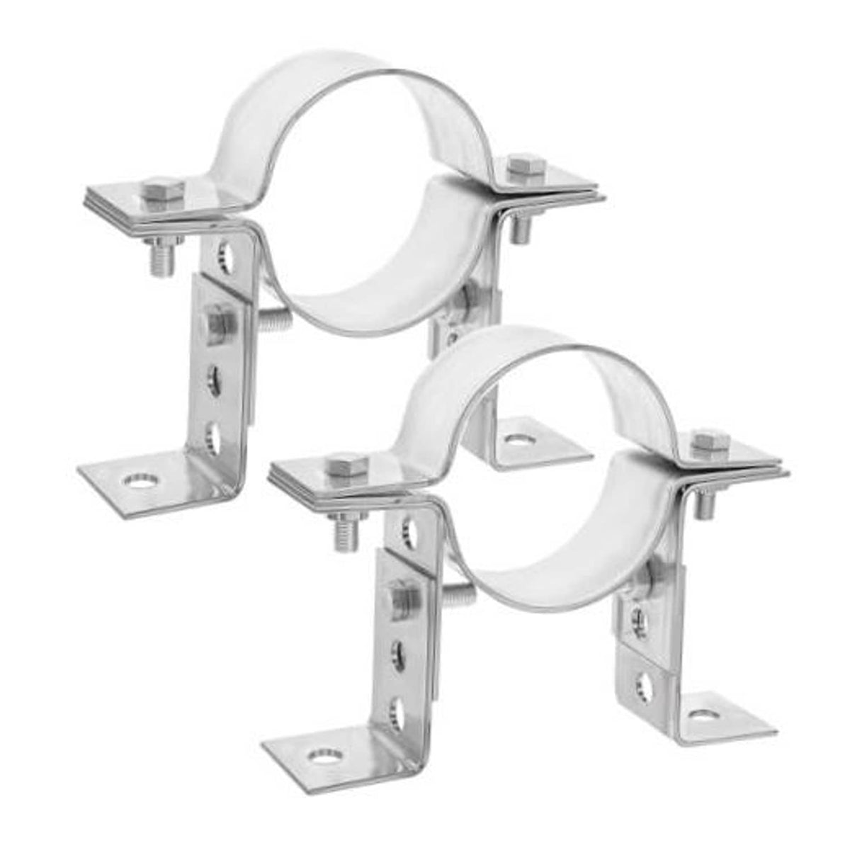 Two galvanized pipe wall strap brackets with split ring and mounting base plates