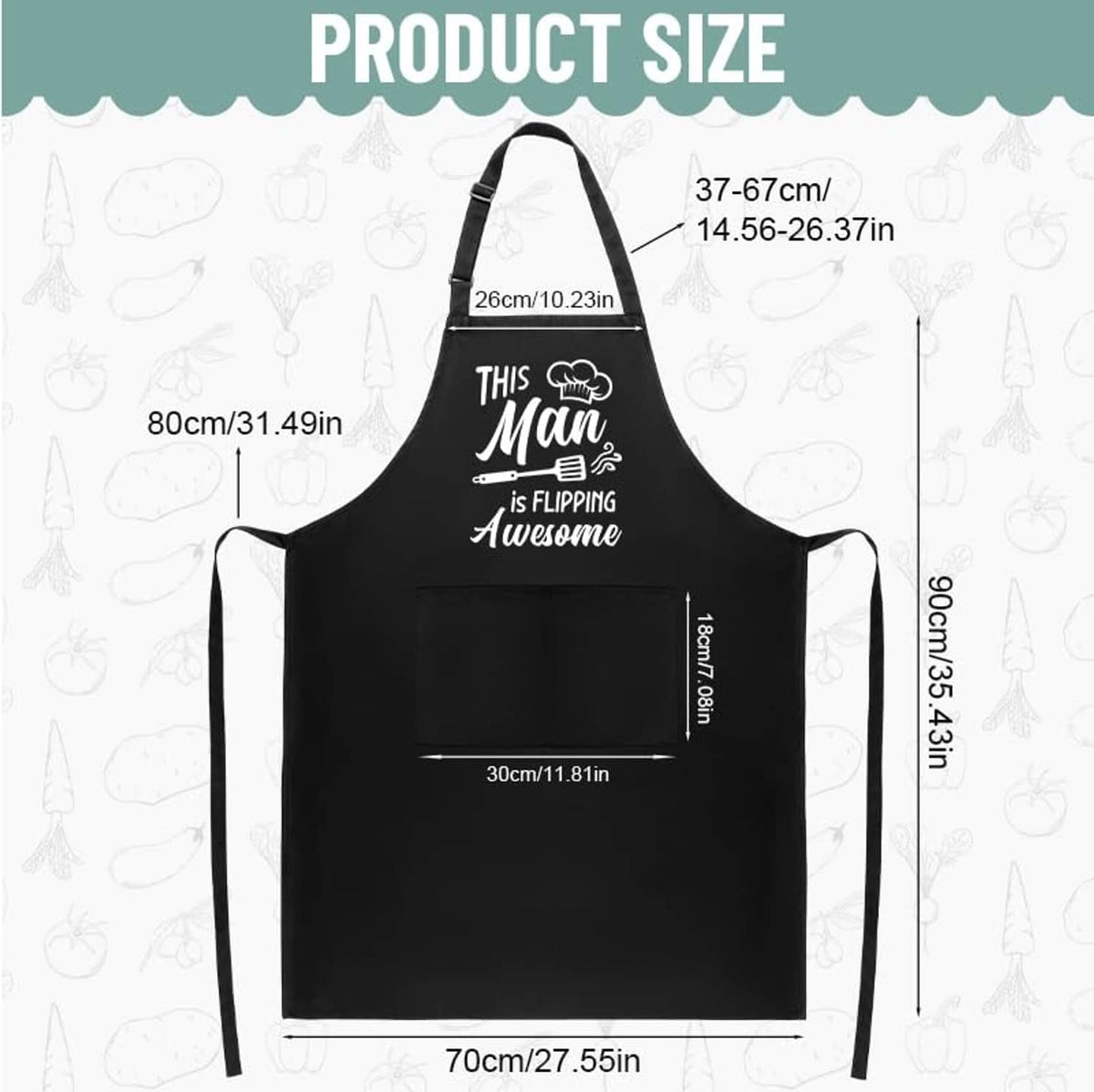 Black apron layout with adjustable straps and large front pocket, size diagram view
