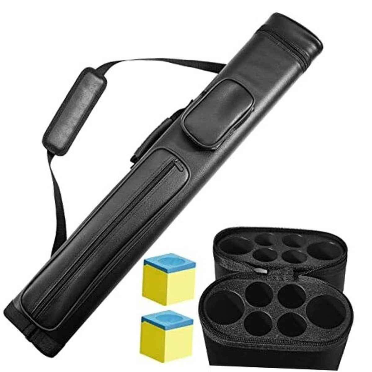 Black hard oval billiard cue case with shoulder strap and front protective pocket