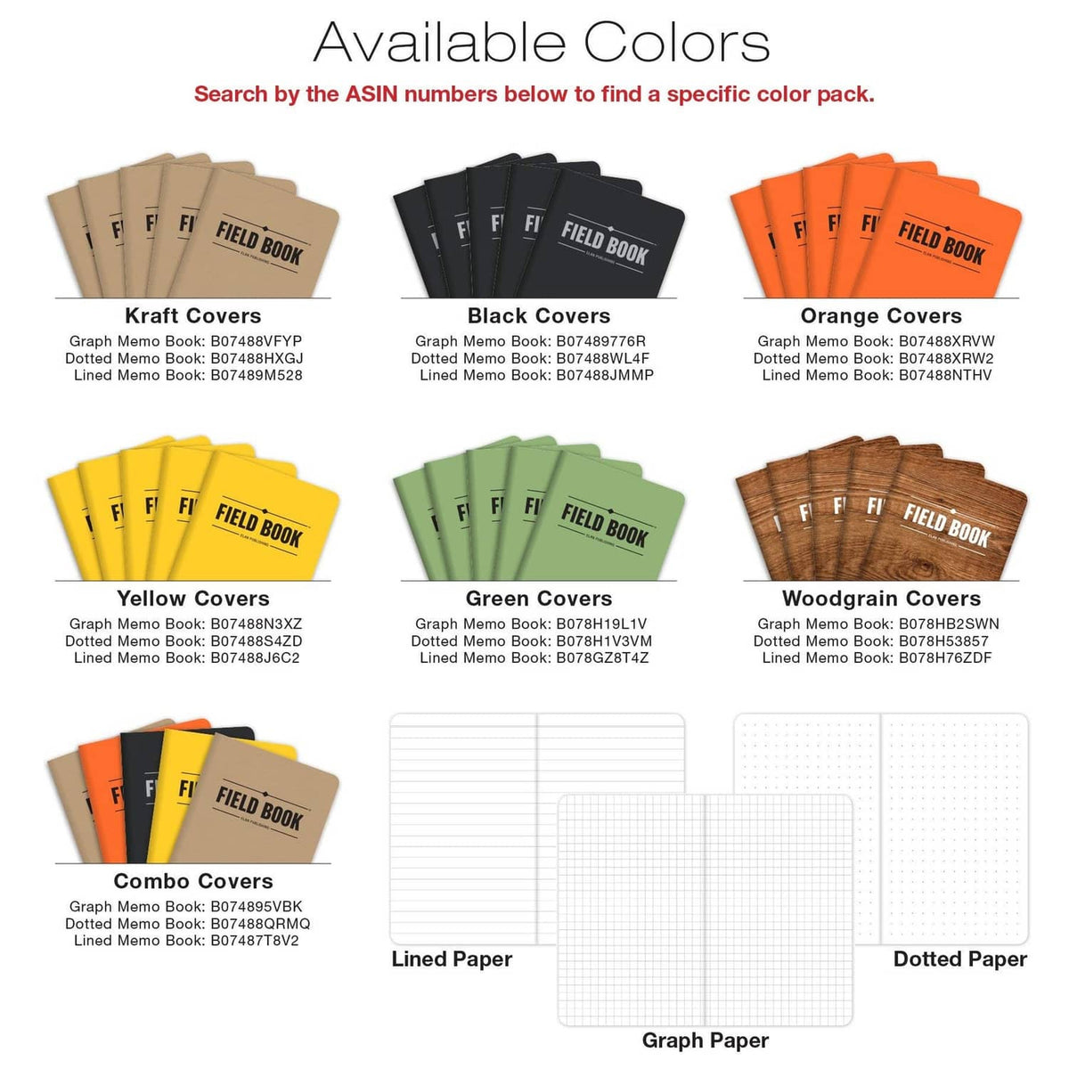 Field Book available colors chart: kraft, black, orange, yellow, green, woodgrain