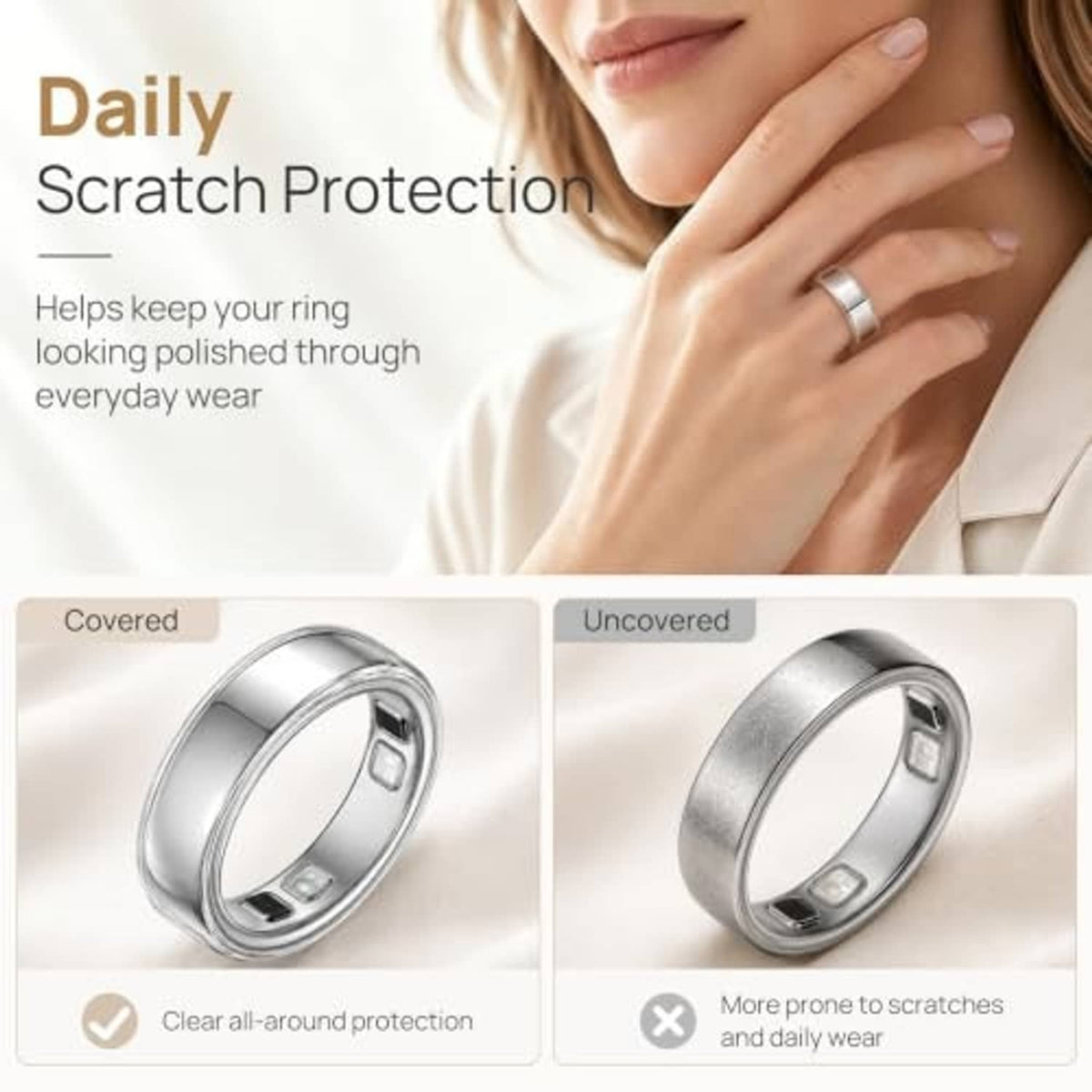 Clear ring cover helps protect a polished metal ring from everyday scratches