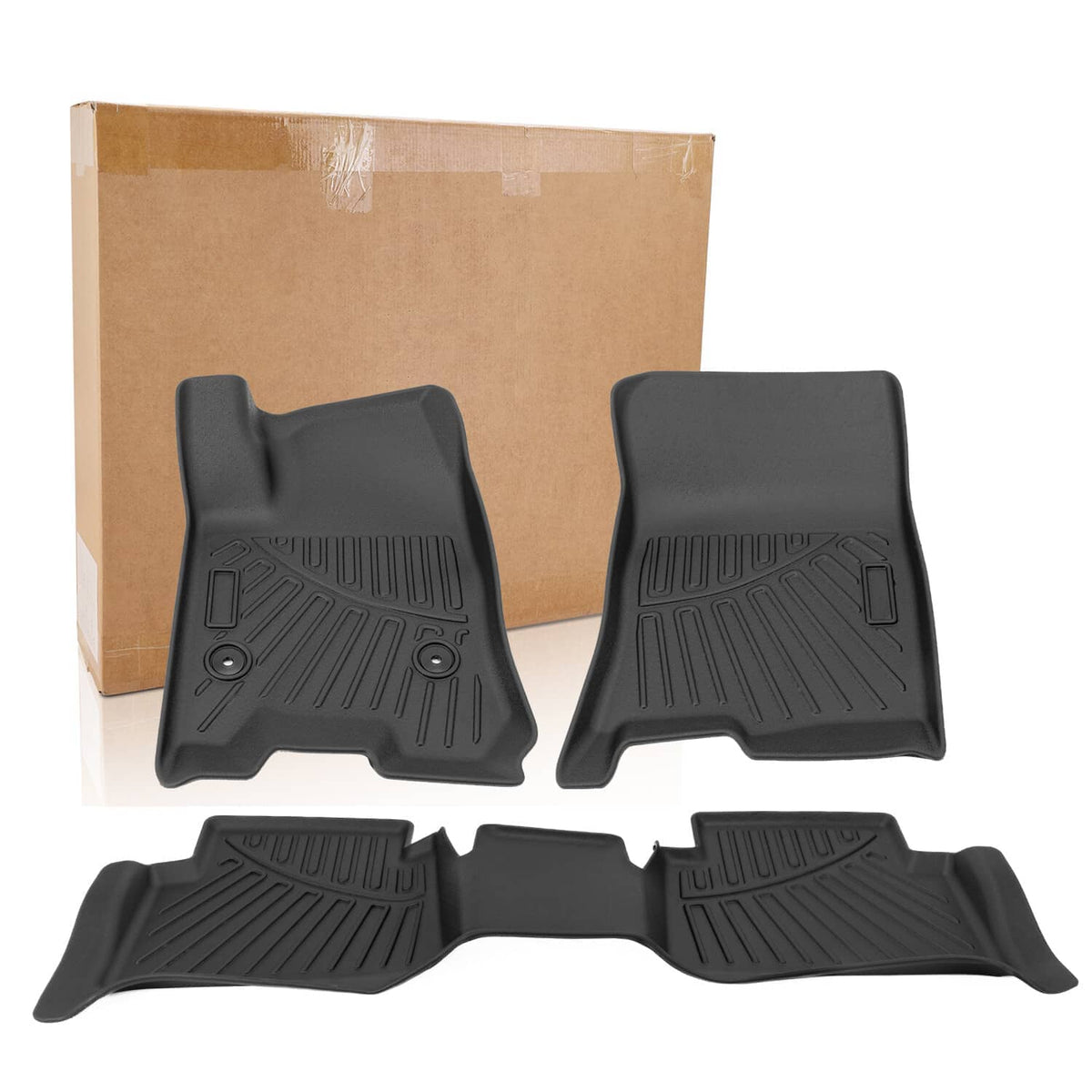 Black four-piece floor mat set with deep channels and textured grip