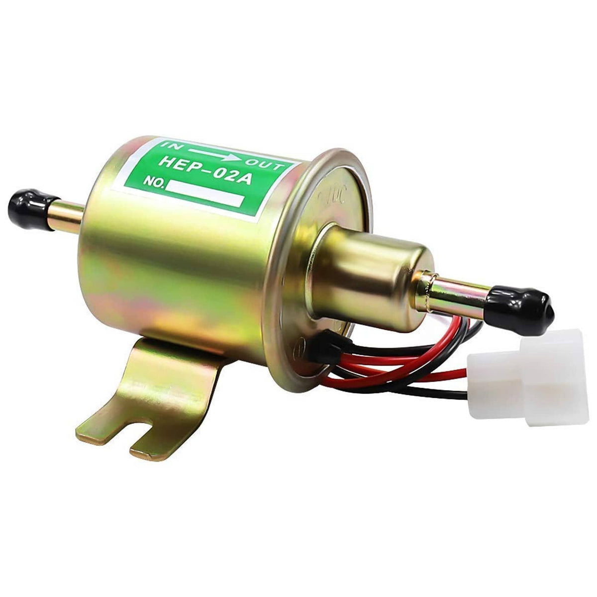 12V electric fuel pump, gold housing with IN/OUT label, red/black power leads