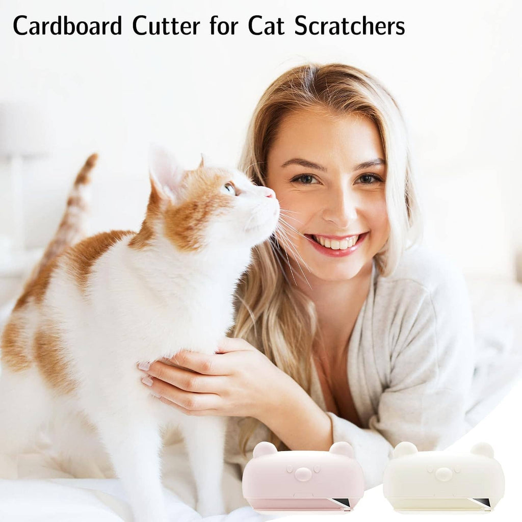Kitten-shaped cardboard cutter for cat scratchers, two handheld units, pink and cream