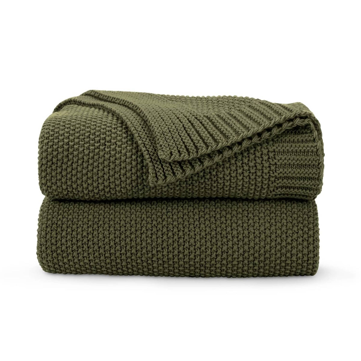 Olive green chunky knit throw blanket, folded with ribbed texture.
