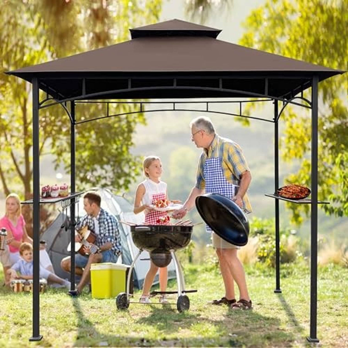 Brown gazebo BBQ canopy top over outdoor grill with dark side posts