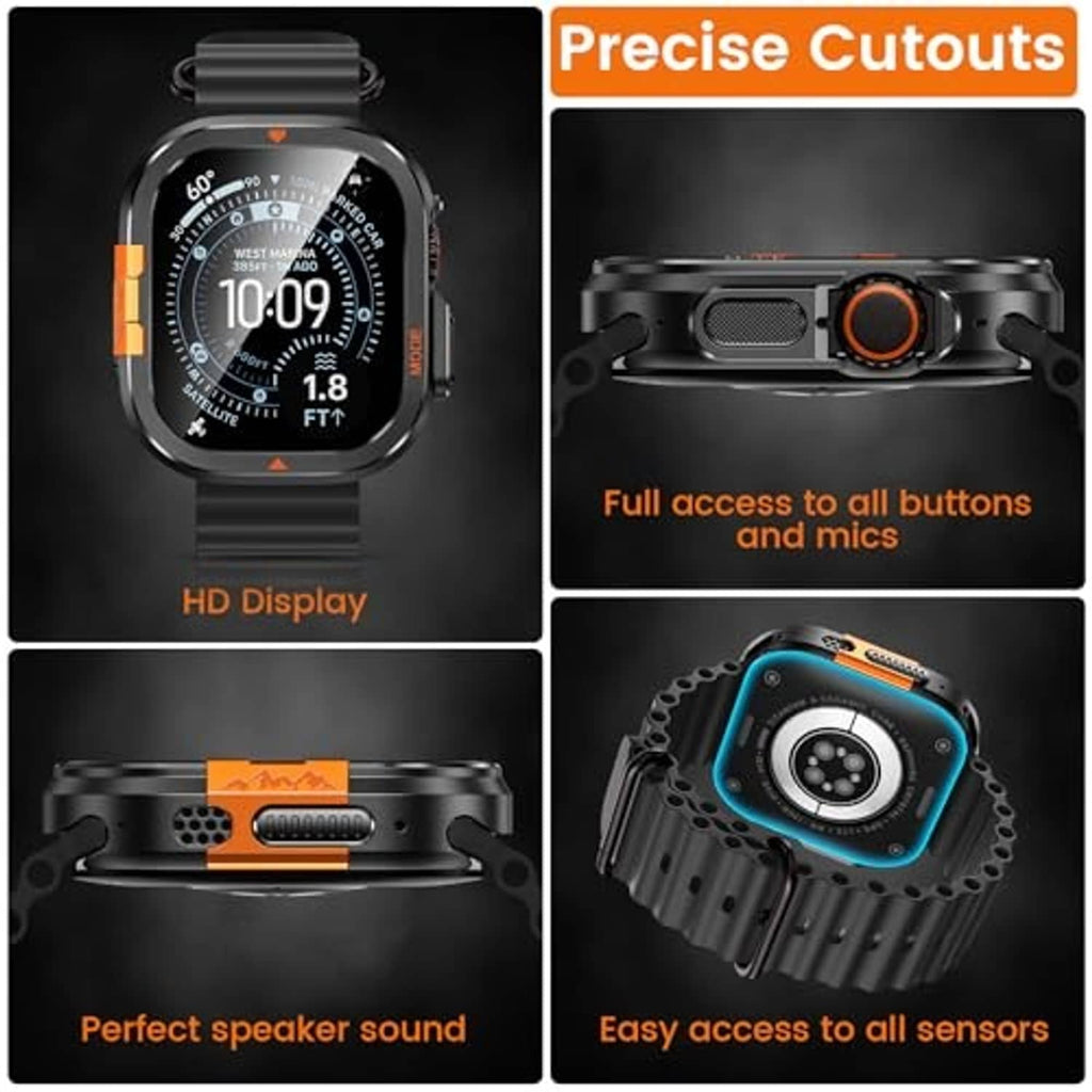 Black metal smartwatch case with precise cutouts for buttons, speaker, and sensors