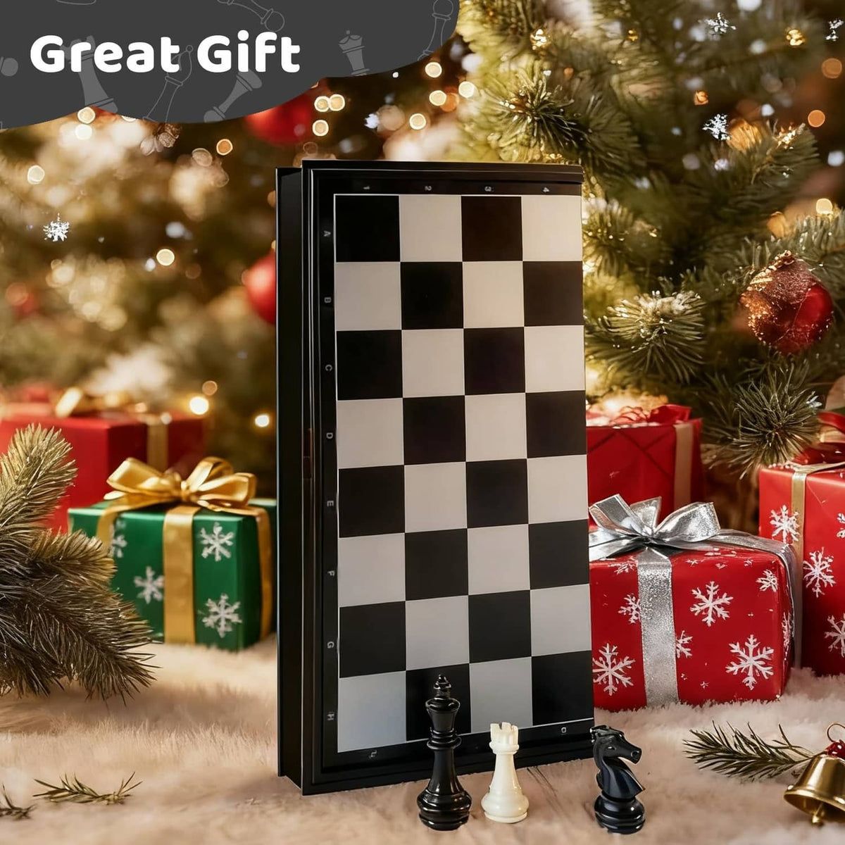 Magnetic chessboard with black and white pieces near holiday gifts and ornaments