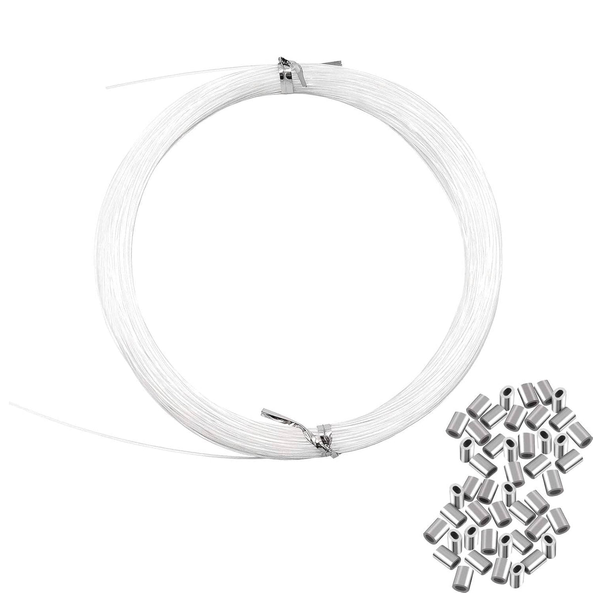 Clear picture hanging wire roll with metal clamps, invisible support line
