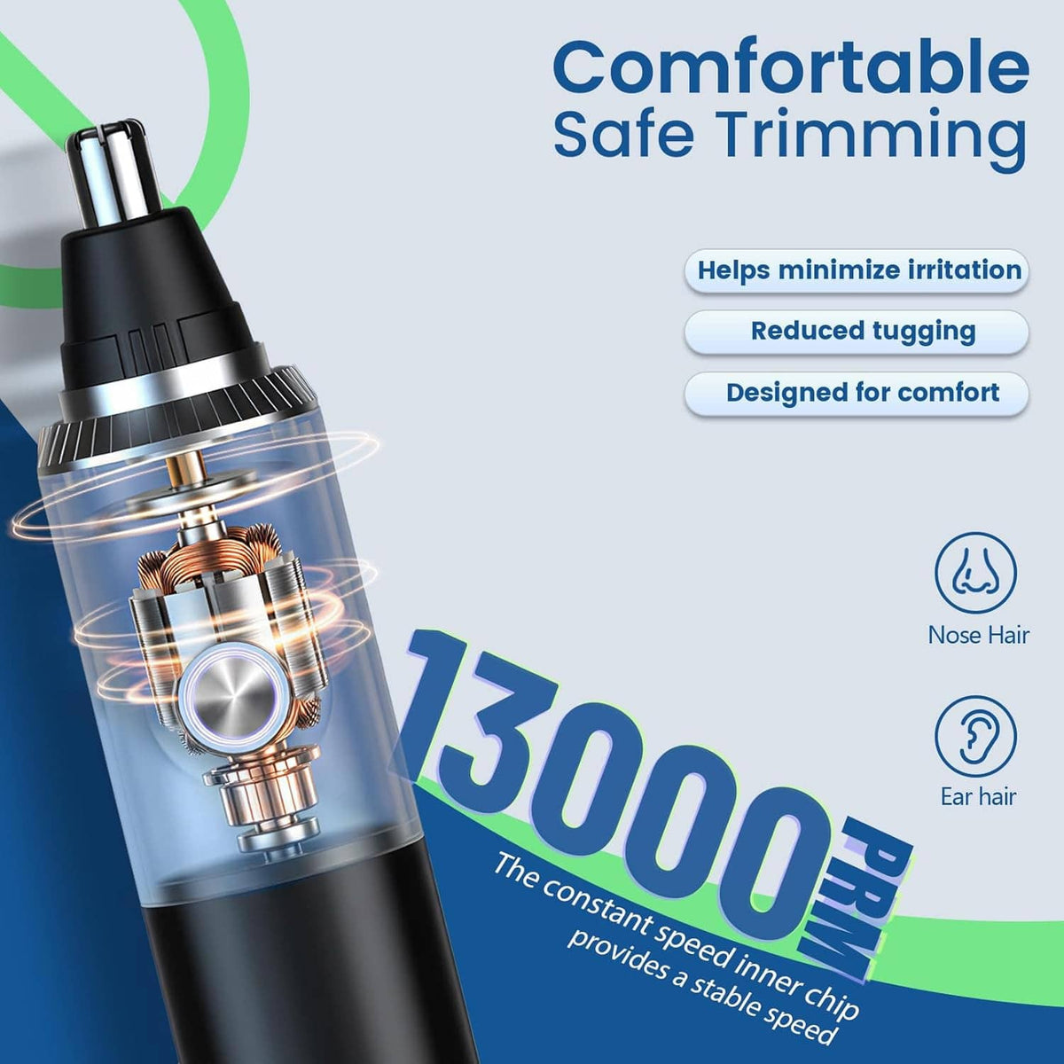 Black ear and nose hair trimmer with internal mechanism shown through transparent window
