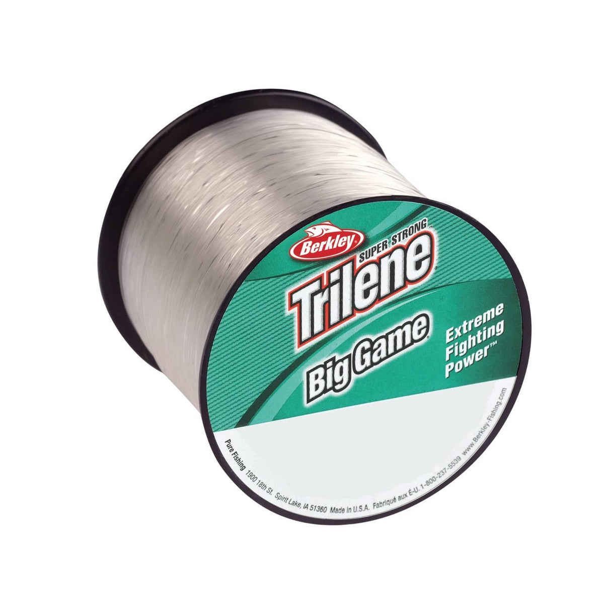 Clear monofilament fishing line spool with Berkley Trilene Big Game label