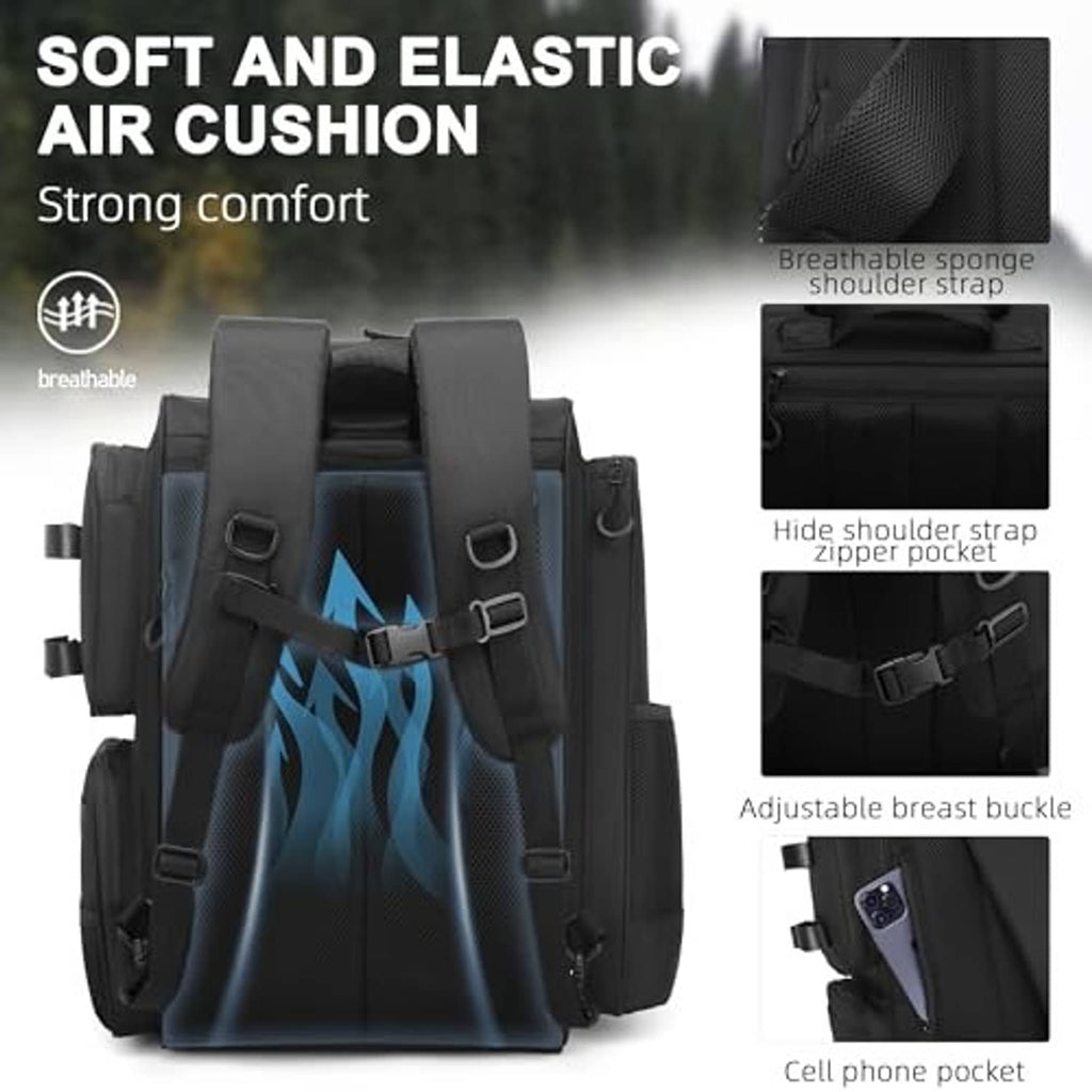 Black fishing backpack with padded breathable straps, adjustable buckles, and phone pocket