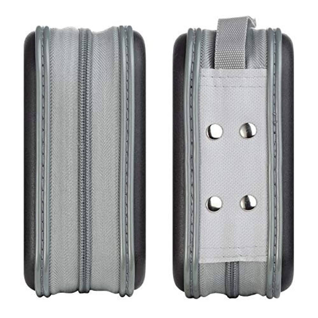 Close-up of black zipper disc wallet openings with light gray reinforced panel