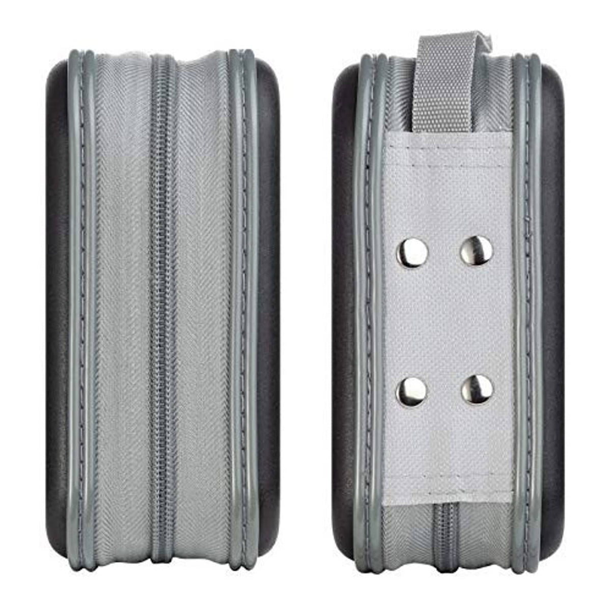 Close-up of black zipper disc wallet openings with light gray reinforced panel