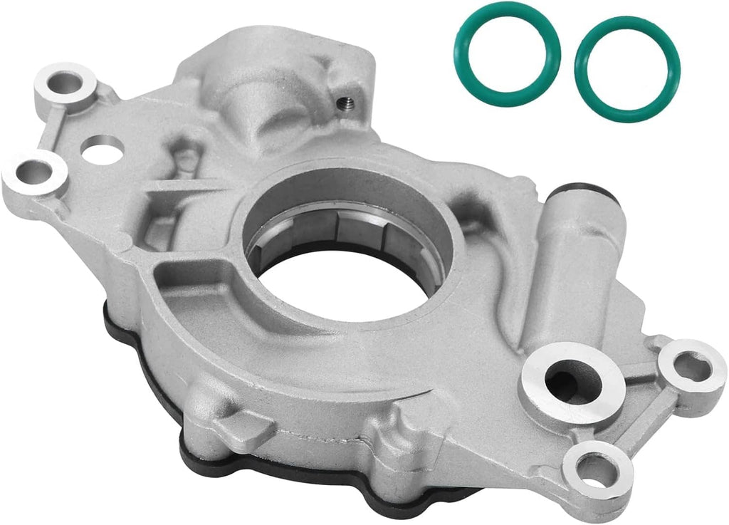Oil pump assembly with silver housing, circular opening, and two teal O-rings