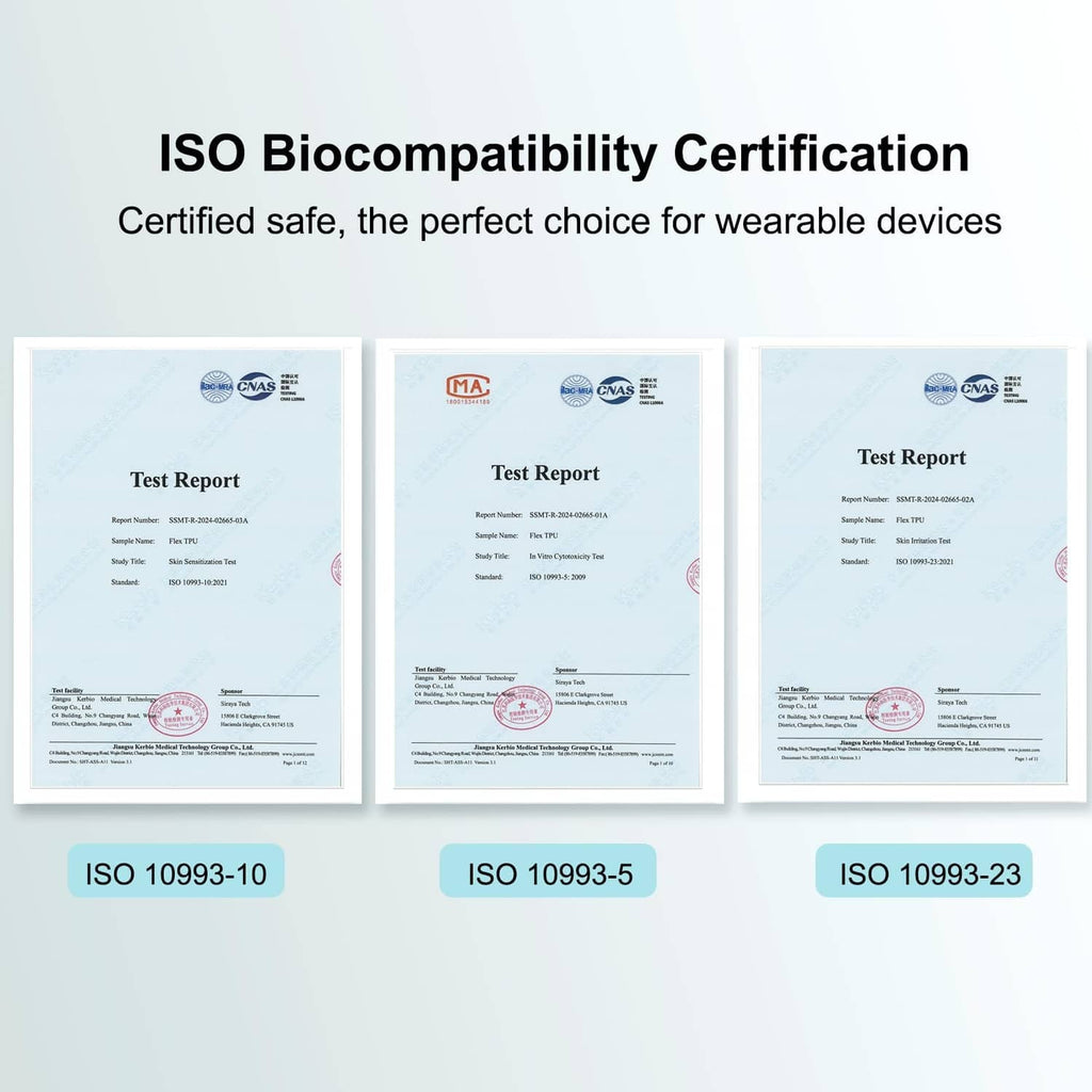 ISO 10993 biocompatibility test report documents, three certification sheets