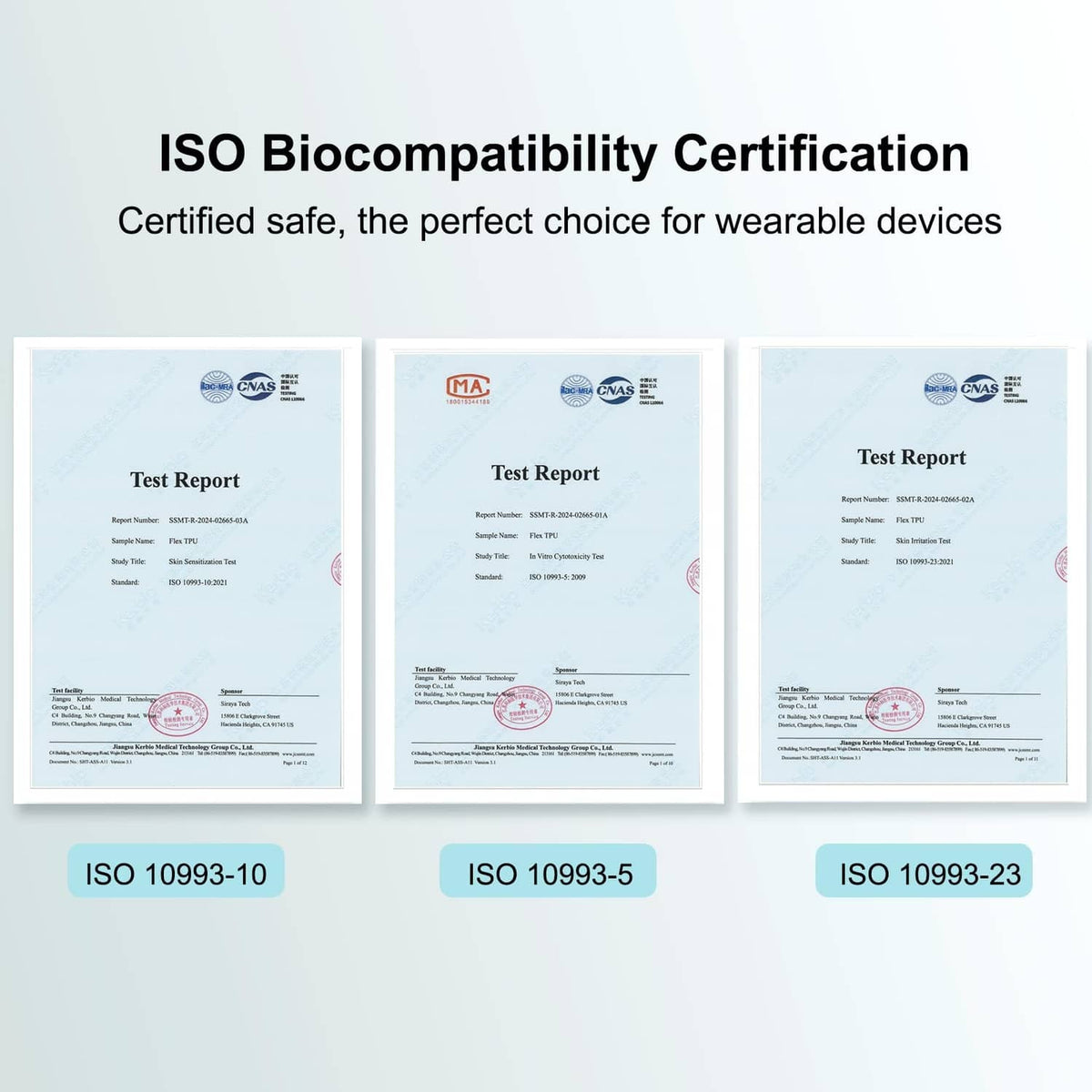 ISO 10993 biocompatibility test report documents, three certification sheets