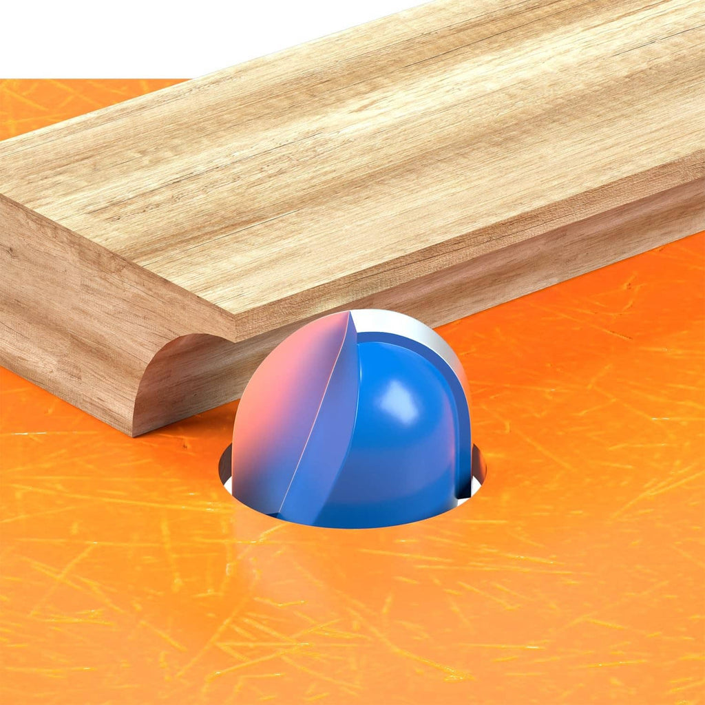 Cove box router bit with blue double-flute cutter carving a groove in wood