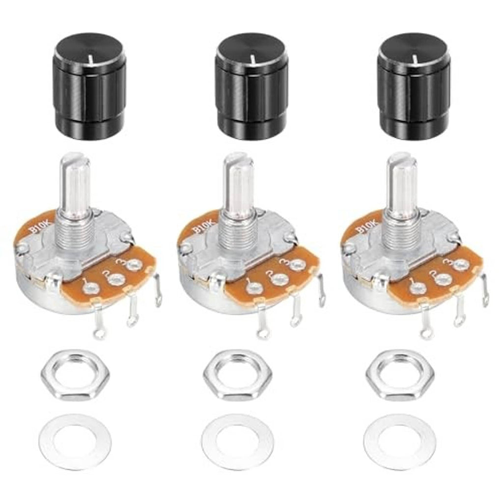 Three rotary potentiometers with black knobs and metal shafts, orange PCBs, nuts and washers set
