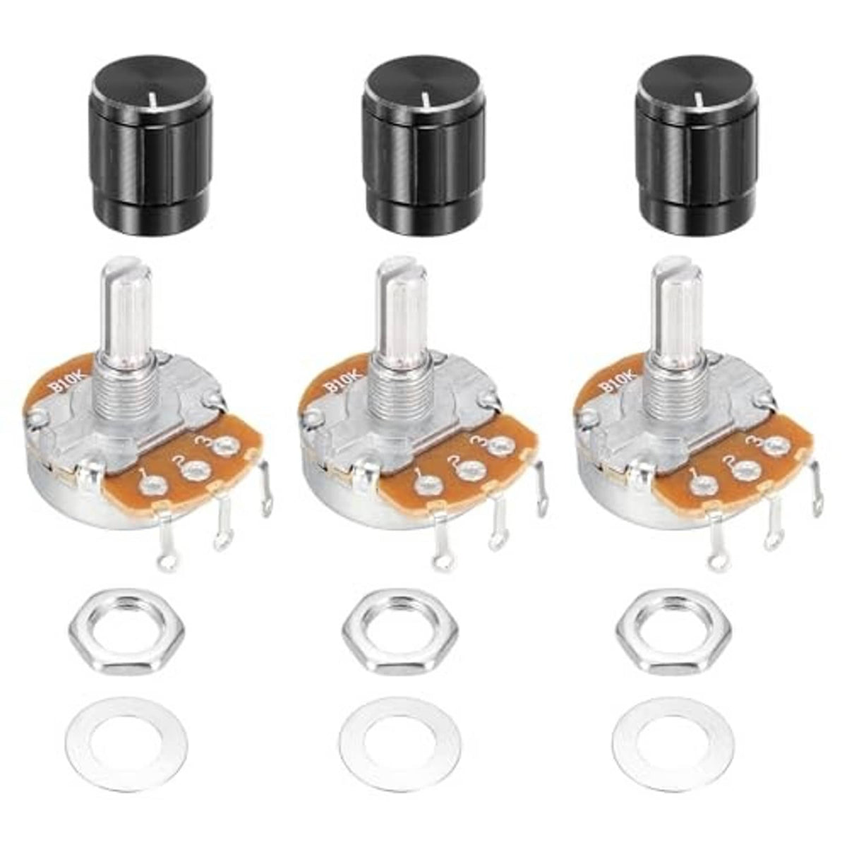 Three rotary potentiometers with black knobs and metal shafts, orange PCBs, nuts and washers set