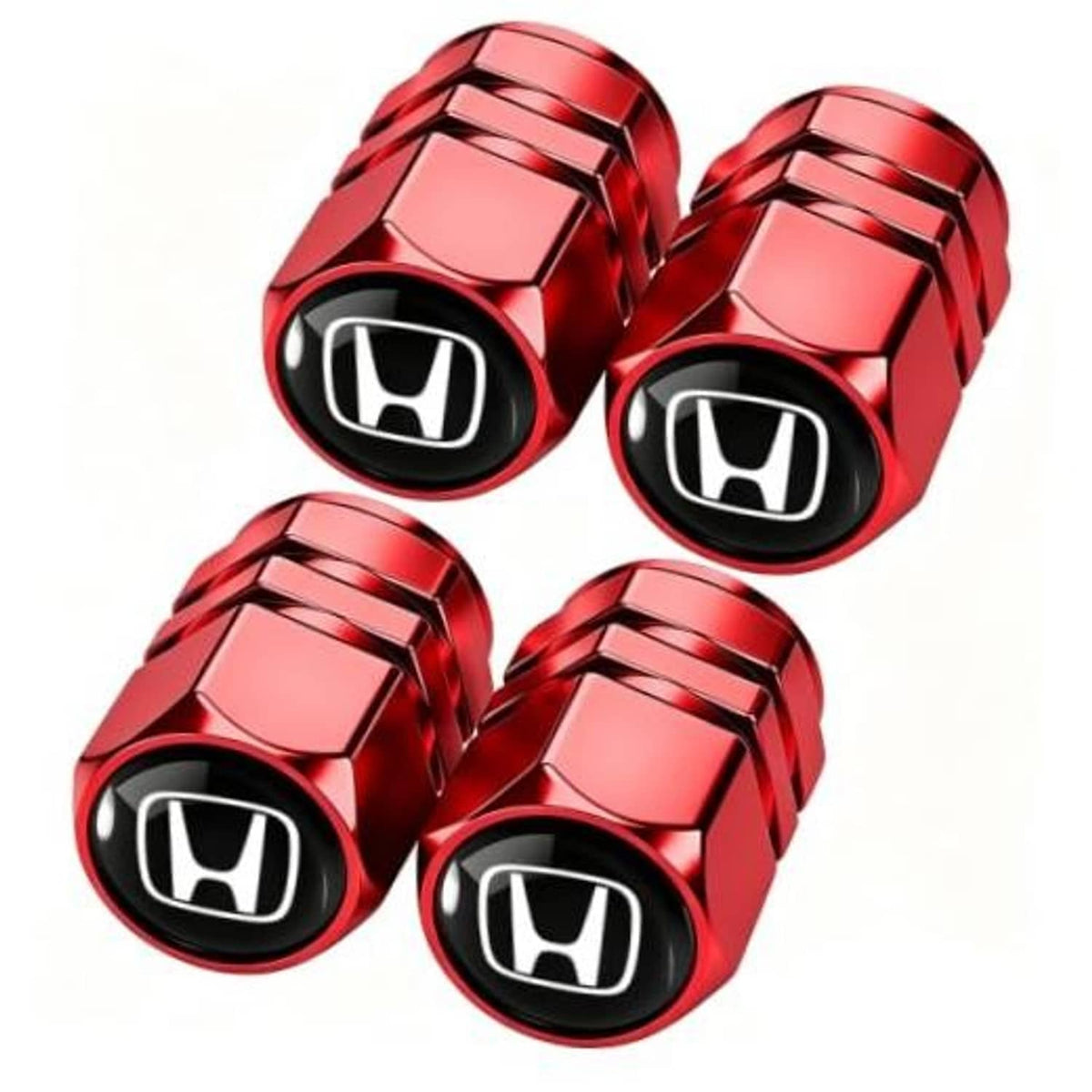 Red metal tire valve stem caps with black trim and Honda logo, four-pack view